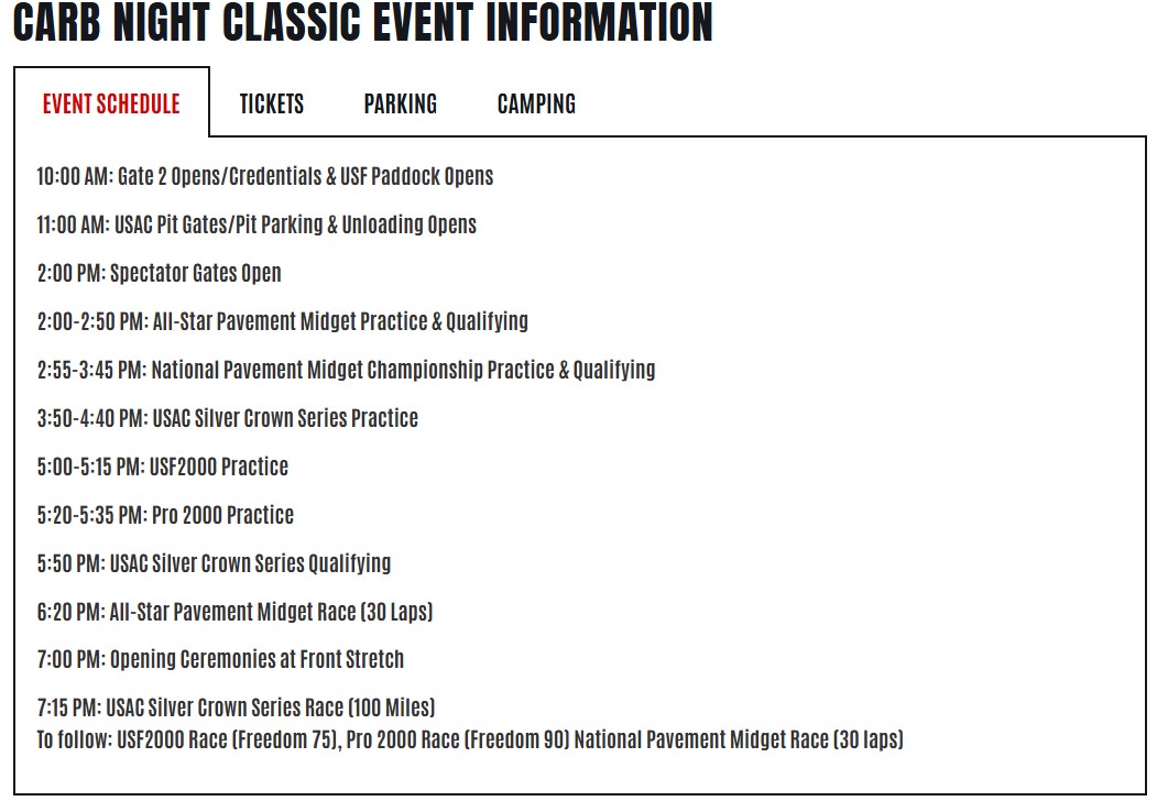 Carb Classic Event Schedule